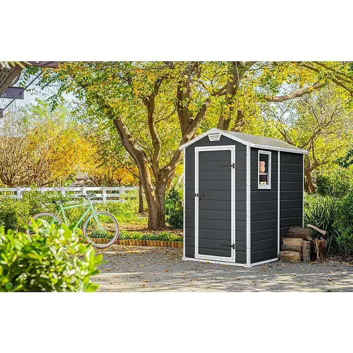 KETER Manor 4x6 Resin Outdoor Storage Shed Kit-Perfect to Store Patio Furniture, Garden Tools Bike Accessories, Beach Chairs and Lawn Mower, Grey & White