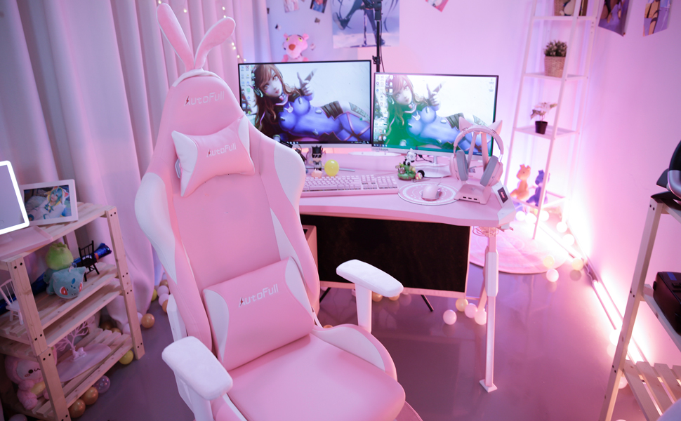 Pink Ergonomic Large Gaming Table 48 Inch Cute Computer Desk, Computer Chair with Smart Built-in Wireless Charging Pad Gaming Table Pro with 7 Colors LED Lights