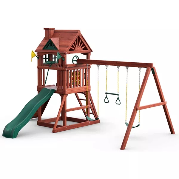 WOODEN SWING SET WITH WOODEN ROOF, TWO SWINGS, SLIDING