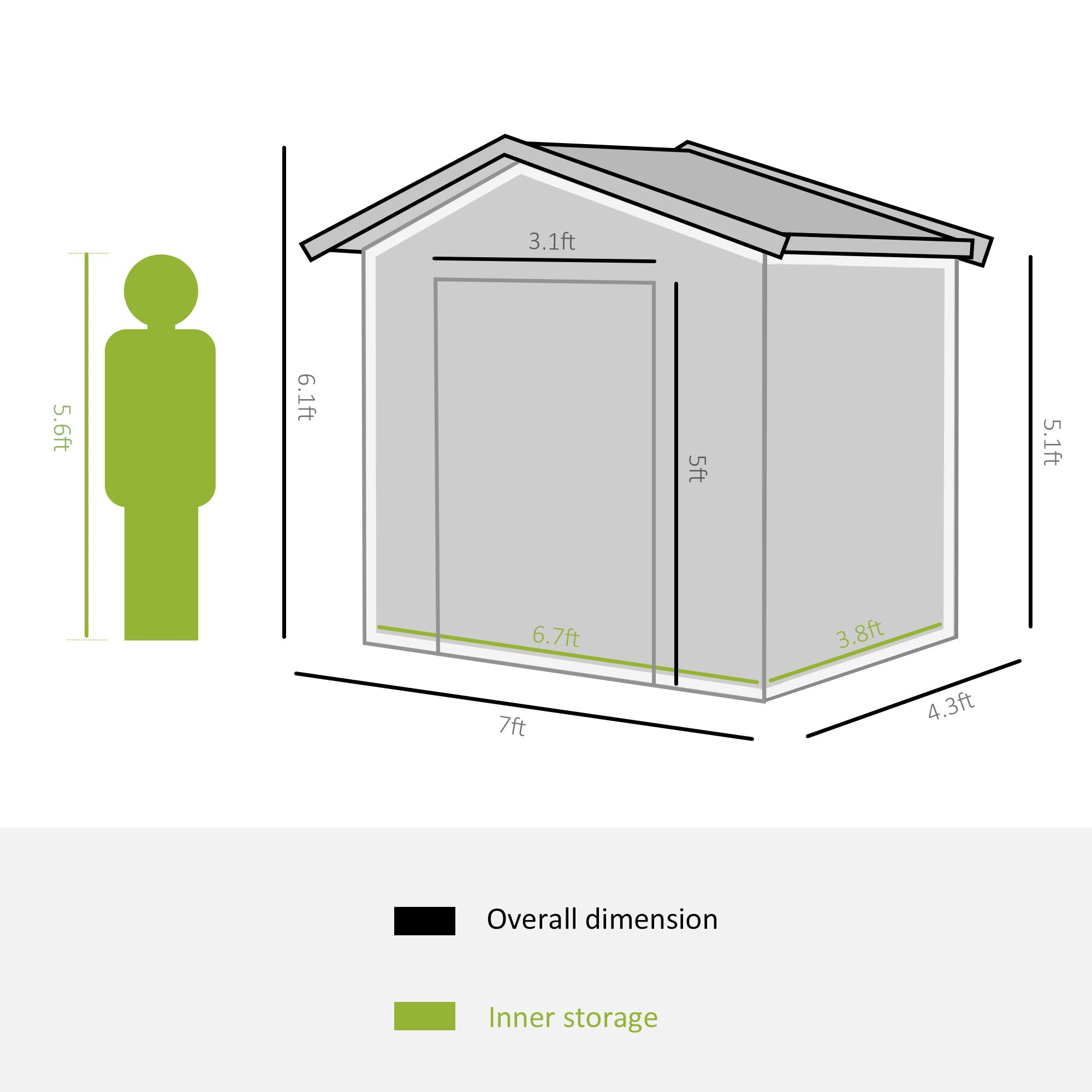 【Storage Shed】7' x 4' x 6' Garden storage shed metal tool shed with floor base and double doors