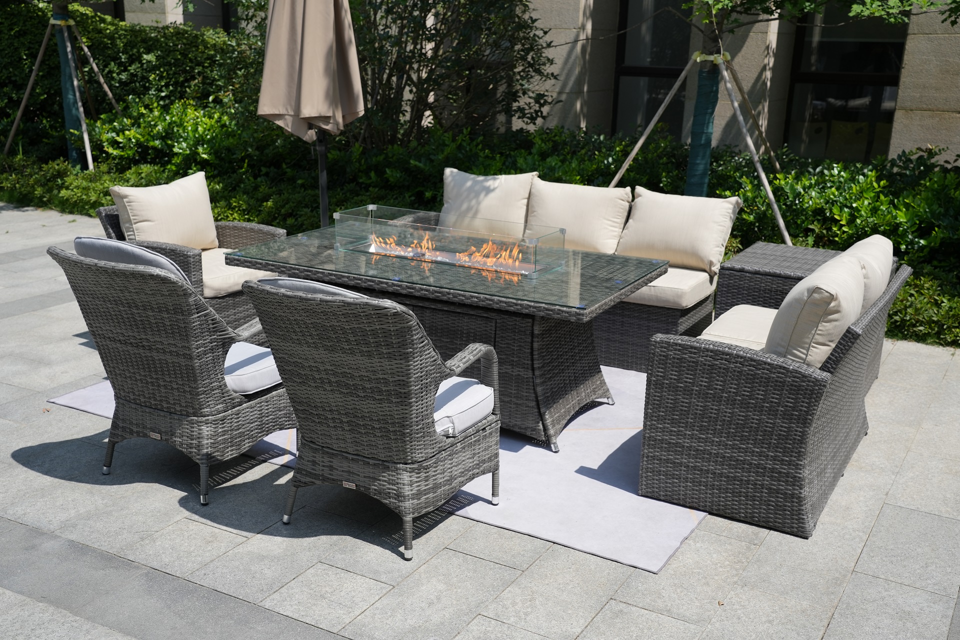 Wicker Patio Gray Wicker Conversational Seating Set with Rectangular Glass Fire Pit Table and Back Chair (Patio Set Option)