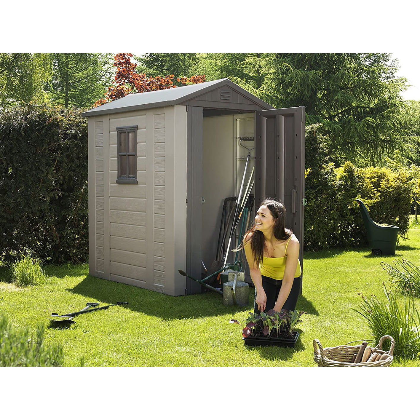 Keter Factor 4x6 Outdoor Storage Shed | Shop Patio Furniture, Garden Tools, Bicycle Accessories, Beach Chairs or Lawnmowers | Taupe & Brown